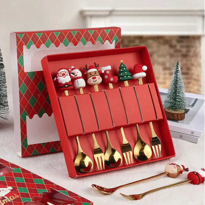 4 / 6 Piece Christmas Coffee Spoons & Forks Set Stainless Steel Red / Green Gift Box Kids' Gifts