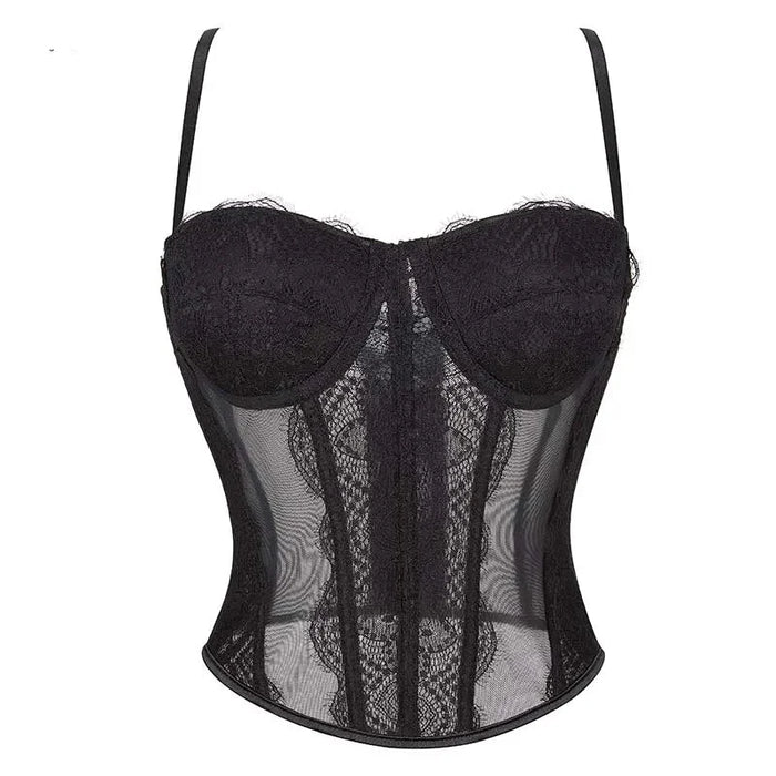 Adjustable Plus Size Lingerie Corset With Padded Cup Black Translucent Bustier