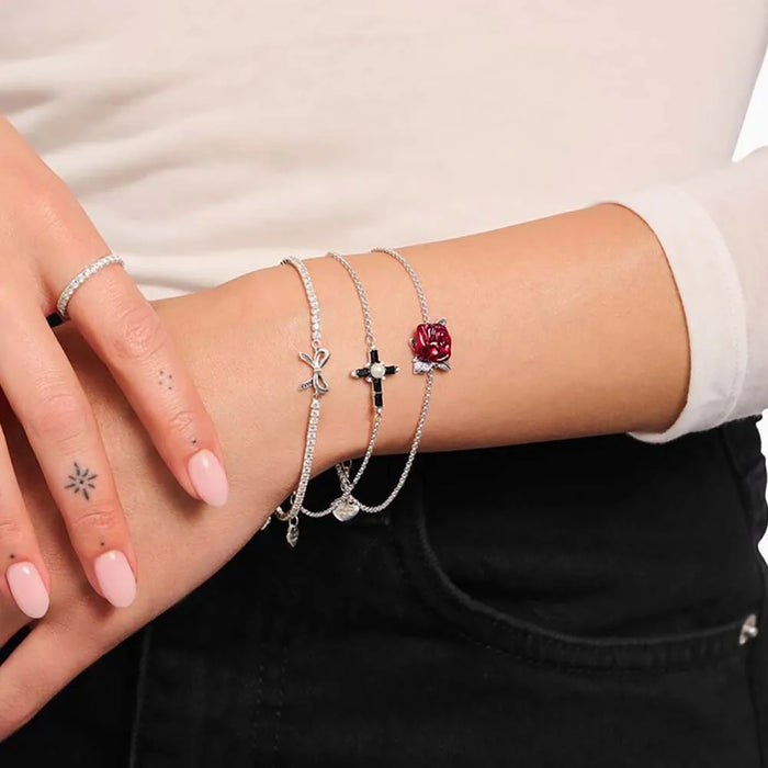 925 Sterling Silver Romantic Gift Red Rose Chain Bracelet Jewelry For Women