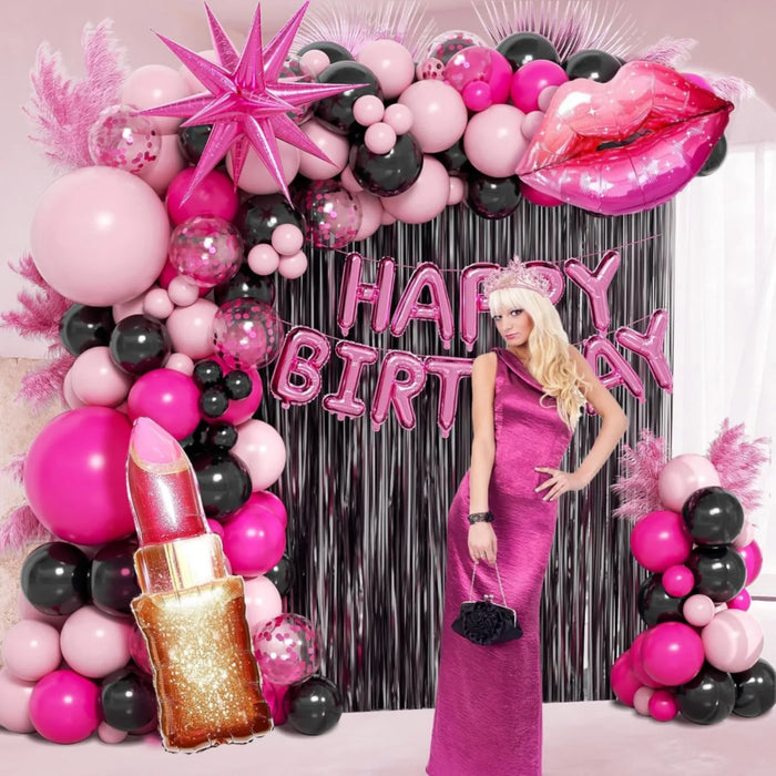 136Pcs Valentine'S Day Pink And Black Theme Birthday Balloon Set Suitable For Birthday Valentine'S Day Engagement Decoration