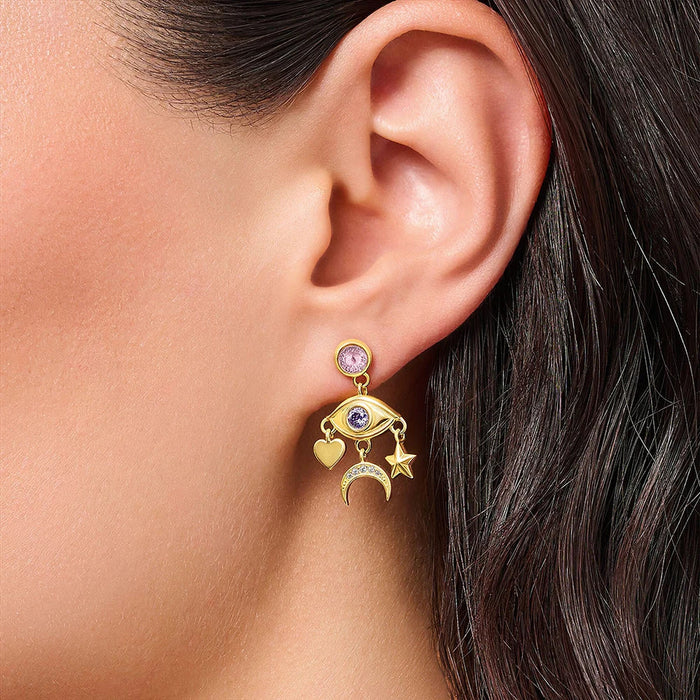 925 Sterling Silver Boho Cosmic Talisman Earrings Eye Star Moon Heart Drops European Style Fine Jewelry For Women