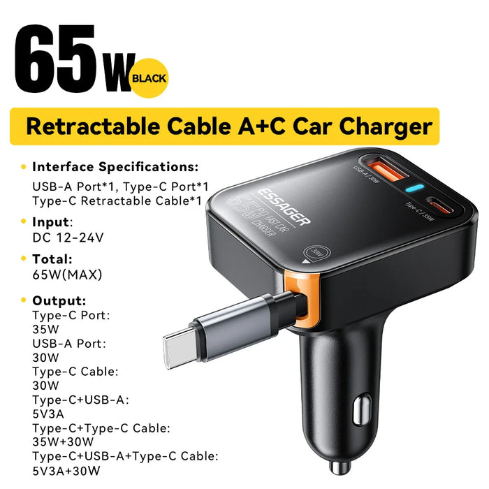 65W Usb C Car Charger 3 Ports With Retractable Cable Pd3.0 Qc3.0 30W Fast Charging For Iphone 16 15 Ipad Samsung Xiaomi