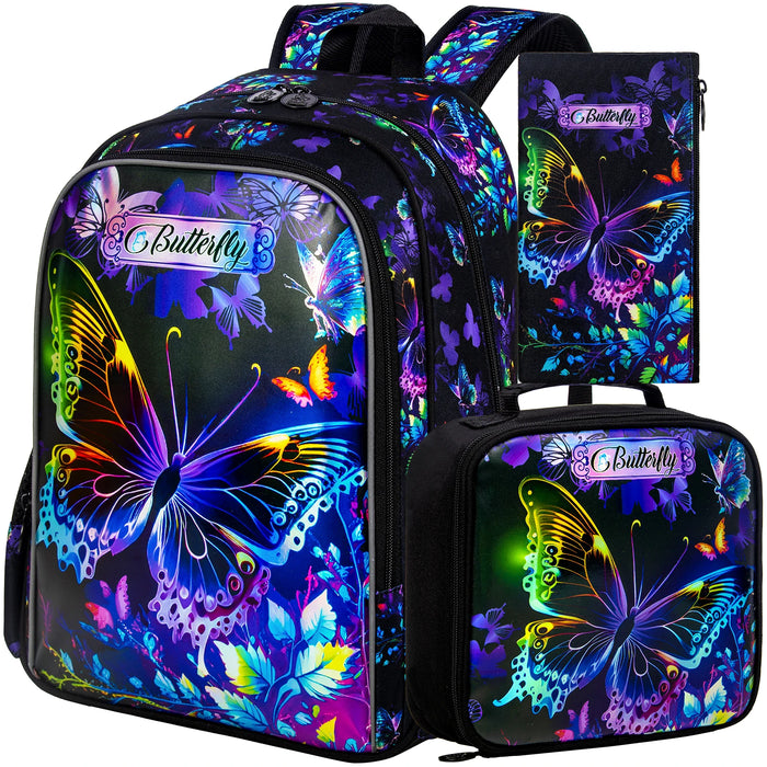 3 Piece 16 Inch Girls Butterfly Backpack Set With Lunch Box For School Preschool Kindergarten