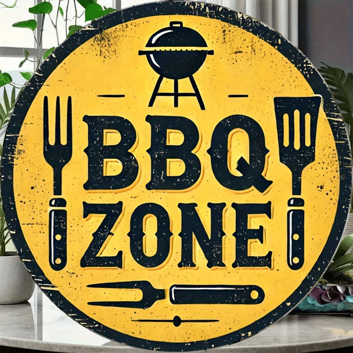 Rustic Bbq Wall Art 7.87 Inch Aluminum Sign With Grill & Utensils Design