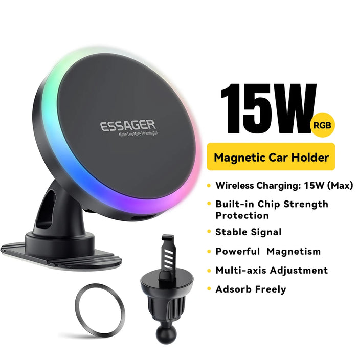 Qi 15W Magnetic Car Phone Holder Rgb Wireless Charger For Macsafe For Iphone 16 15 Samsung Universal Phone Holder Stand