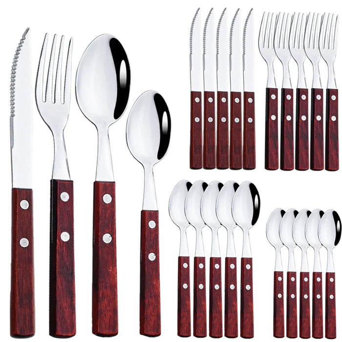 24 Piece Stainless Steel Cutlery Set With Wood Handles