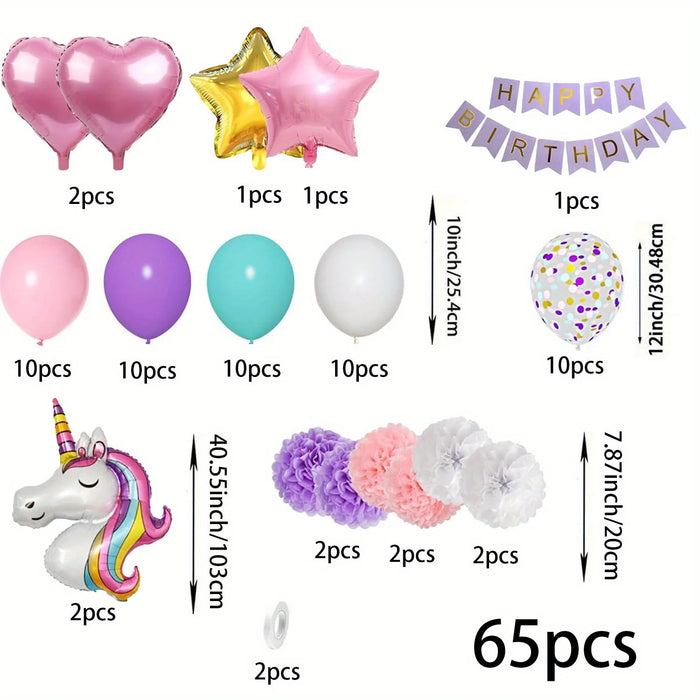 65Pcs Birthday Balloon Set Pentacle Unicorn Balloon Birthday Flag Paper Flowers For Birthday Party Anniversary Decoration