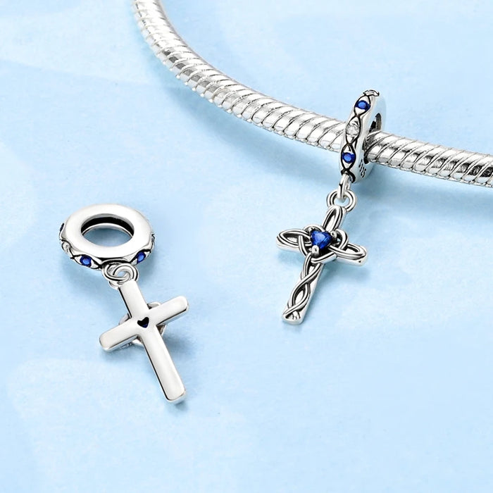 925 Sterling Silver Blue Cross Pendant Fits Pan Bracelet Diy Gift