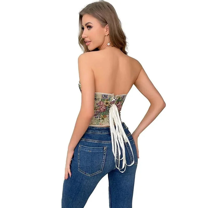 Floral Embroidered Plus Size Corset S-6Xl Strapless & Backless Lace Up 5 Brooches