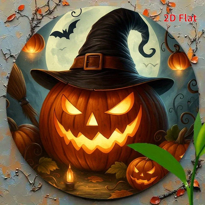 Vintage Halloween Witch & Pumpkin Lanterns Iron Sign Spooky Night Scene