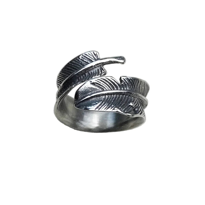925 Sterling Silver Vintage Feather Ring Unisex In 316L Steel Titanium
