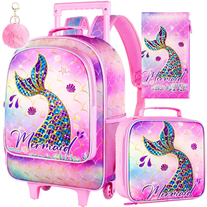 3 Piece Mermaid Rolling Backpack For Girls Water Resistant Uv Printed Fits Kids School Travel