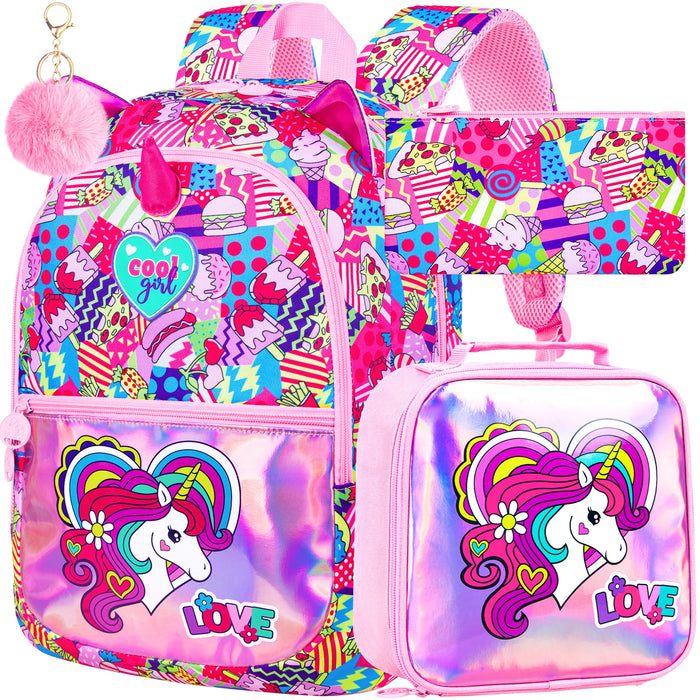 3 Piece Unicorn Backpack Set For Girls 16.5 Inch Rainbow Bookbag Lunch Box Waterproof Lightweight