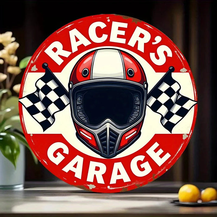 Retro Racing Metal Sign Vintage Design With Flag & Helmet