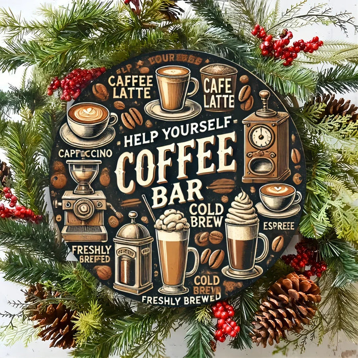 Rustic Coffee Bar Sign Circular Wall Art For Home Garden & Cafe