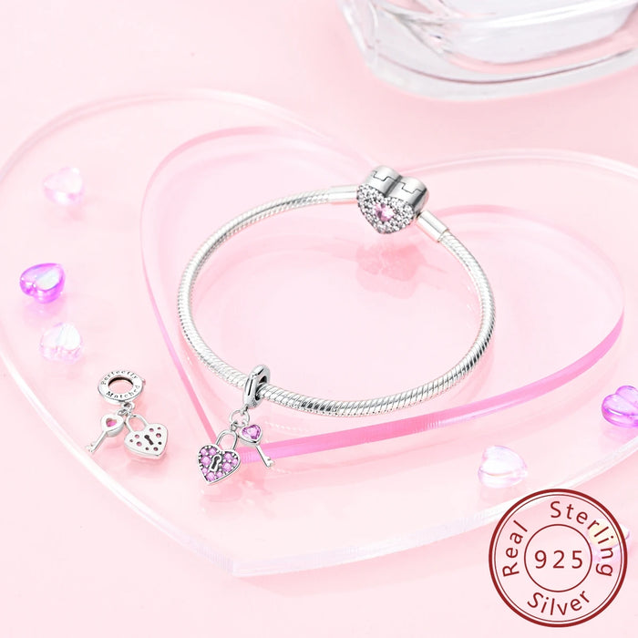 925 Sterling Silver Keys & Lock Pendant Charms Fits Bracelet Diy Gifts