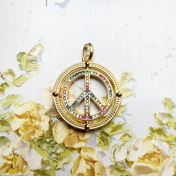 925 Sterling Silver Peace Sign Pendant With Coloured Stones Gold Plated