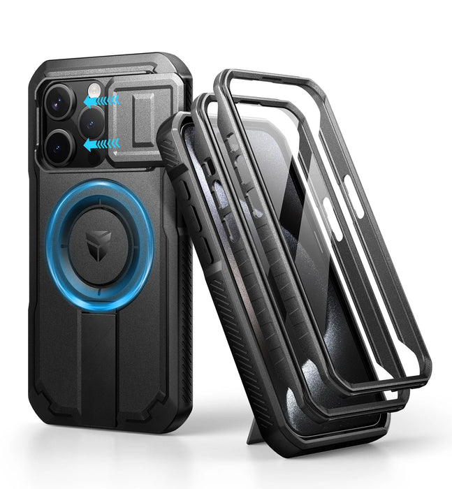 For Iphone 15 Pro Rugged Armor Shockproof Case With Built-In Sliding Camera Case And Built-In Screen Protector Kickstand