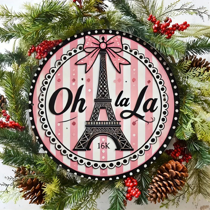 Eiffel Tower Metal Sign 8X8 Inch Round Pink & Black Stripes Festive Bow
