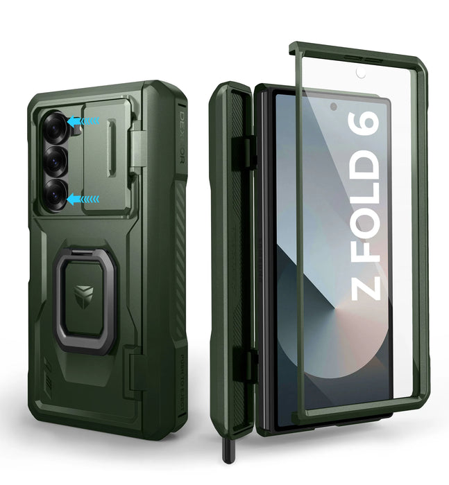 For Samsung Galaxy Z Fold 6 2024 Hinge Protection Screen Protector Case With Ring Stand & S Pen Holder & Slide Camera Case
