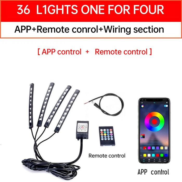 12V Rgb Led Motorcycle Car Atmosphere Foot Light Remote Control Waterproof Sound Control