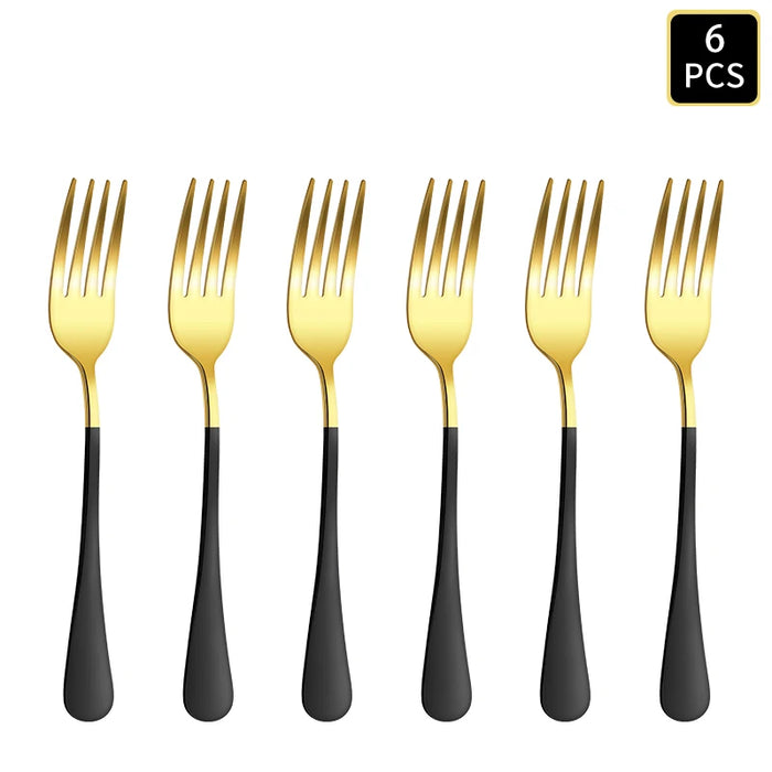 4 / 6 / 16 / 24 Piece Gold & Black Stainless Steel Cutlery Set Round Handle
