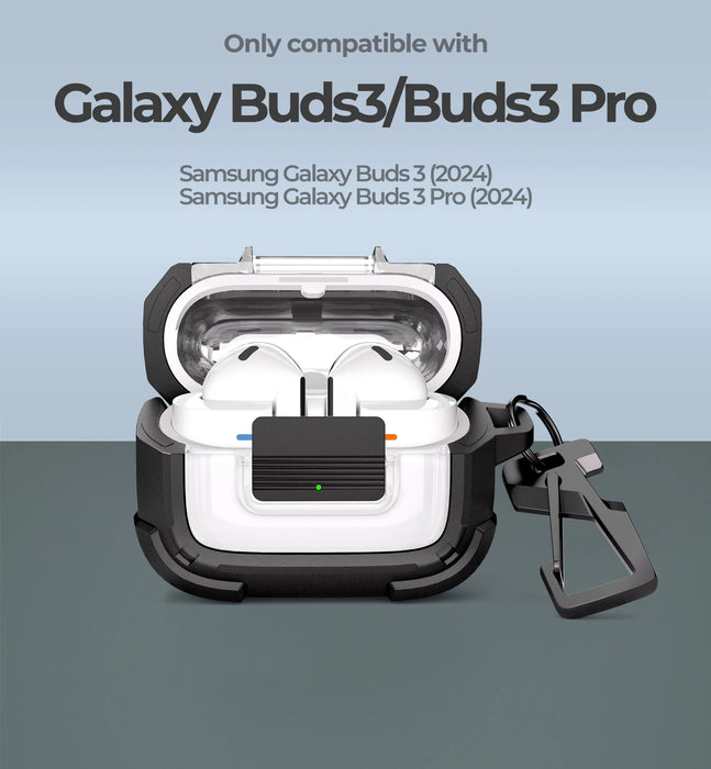 For Samsung Galaxy Buds3 Pro Shockproof Clear Protective Rugged Bumper Case With Secure Lock Carabiner Keyring