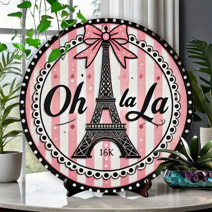 Eiffel Tower Metal Sign 8X8 Inch Round Pink & Black Stripes Festive Bow