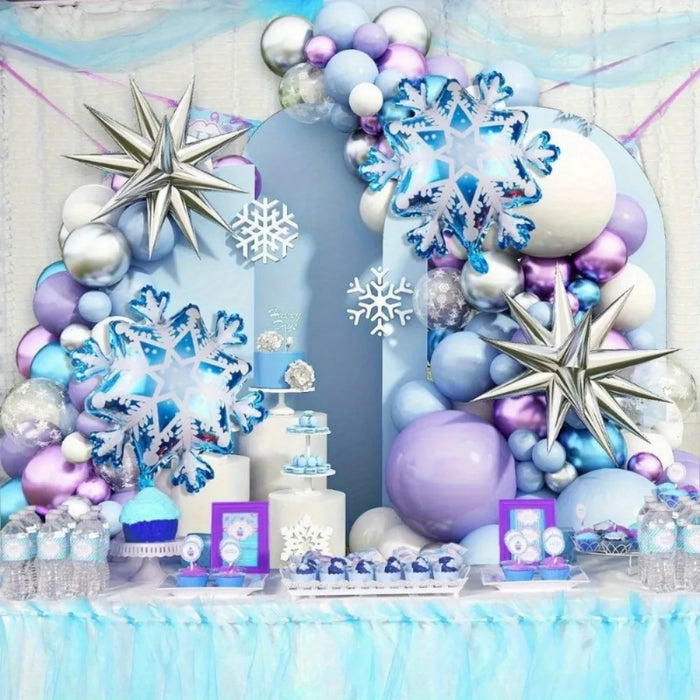 142Pcs New Year 2024 Ice And Snow Balloon Arch Garland Set Winter Frozen Purple Latex Balloon Birthday Party Balloon Decoration