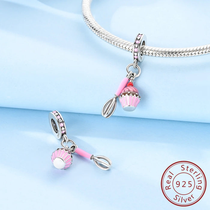 925 Sterling Silver Pink Egg Beater & Cake Pendant Charm Fits Bracelet Diy Gift