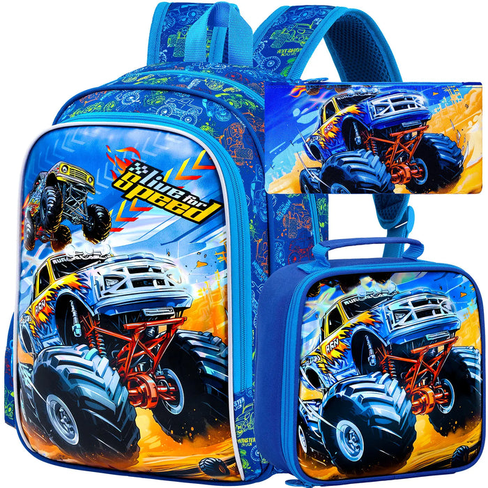 3 Piece Boys Backpack Set 16 Inch Cars Bookbag Lunch Box Elementary School