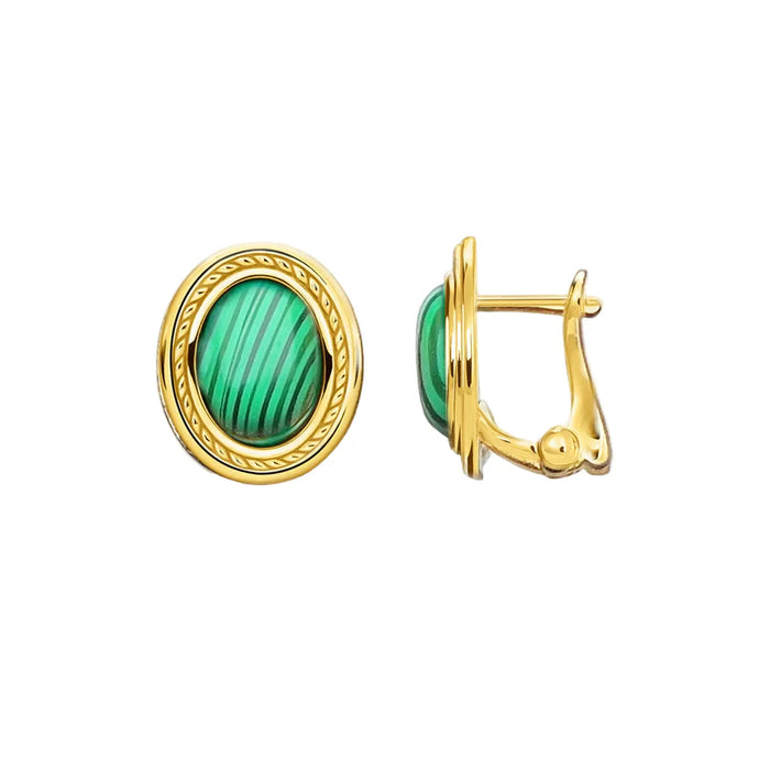 925 Sterling Silver Green Oval Stone Stud Earrings Vintage Style