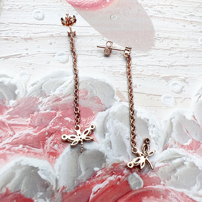 925 Sterling Silver Rose Gold Dragonfly Drop Earrings With Stones