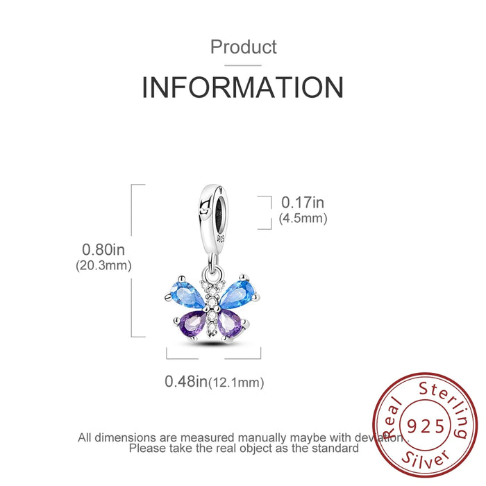 925 Sterling Silver Blue Purple Zircon Butterfly Pendant Charm For Women Bracelet