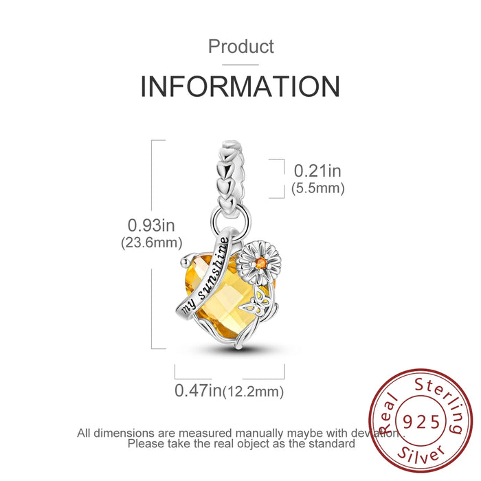 925 Sterling Silver Sunflower Charm Pendant Yellow Gemstone Fits Bracelet Diy Gift