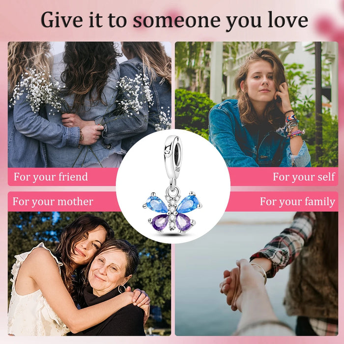 925 Sterling Silver Blue Purple Zircon Butterfly Pendant Charm For Women Bracelet