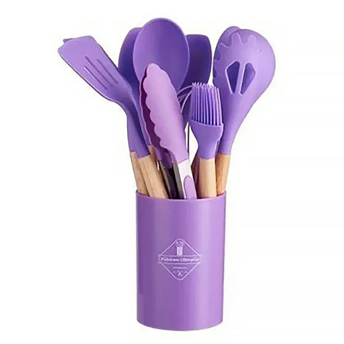 12 Piece Non Stick Silicone Kitchen Utensil Set With Wooden Handles