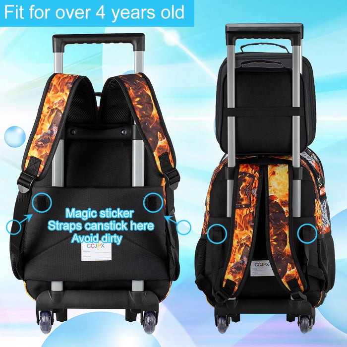 3 Piece Dragon Rolling Backpack Set For Boys School Wheels Lunch