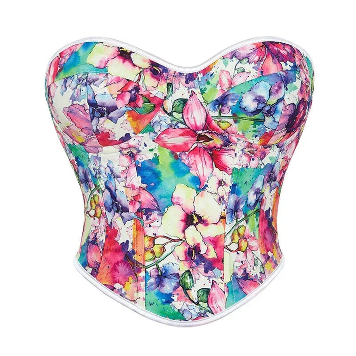 Floral Print Lace Bustier Plus Size S-Xxl Strapless Corset With Boning And Lace-Up Closure