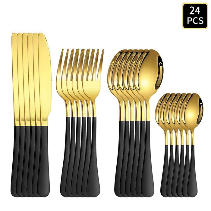 4 / 6 / 16 / 24 Piece Gold & Black Stainless Steel Cutlery Set Round Handle
