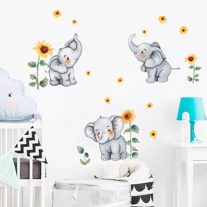 Adorable Sunflower Elephant Wall Decals For Kids Room Decor