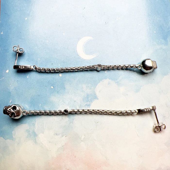 925 Sterling Silver Vintage Skull Earrings Women Long Drop Fine Jewelry