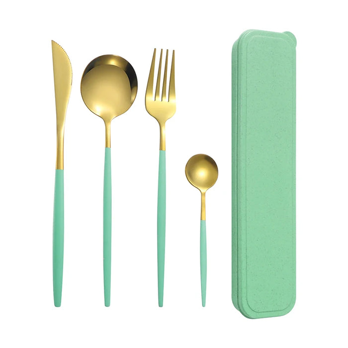 4 Piece Green Stainless Steel Tableware Set