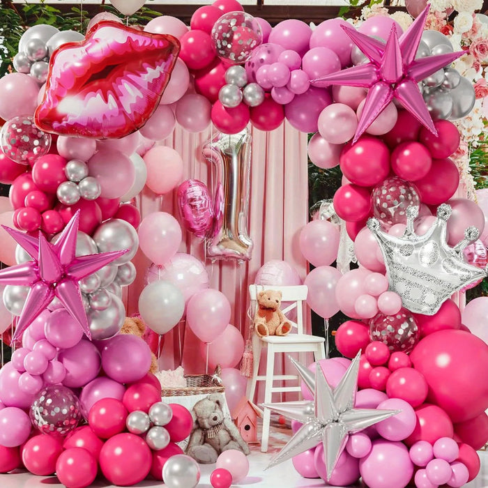 148Pcs Pink And Exploding Star Silver Crown Balloon Arch Set Birthday Party Mother'S Day Bridal Shower Wedding Home Decor