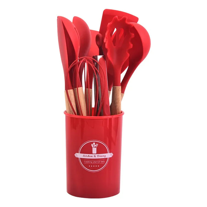 12 Piece Non Stick Silicone Kitchen Utensil Set With Wooden Handles