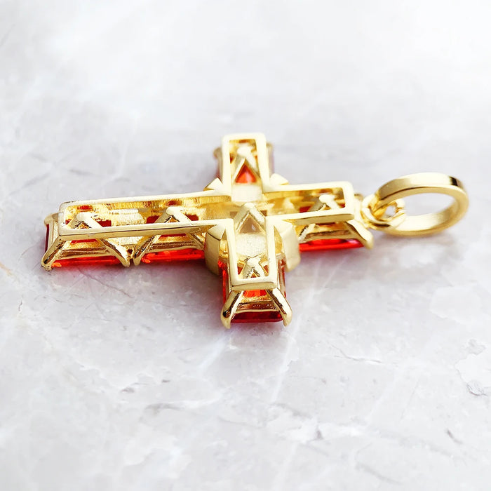 925 Sterling Silver Orange Stone Golden Cross Pendant Jewelry For Women