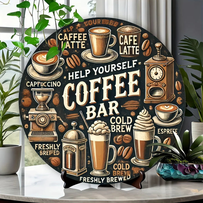 Rustic Coffee Bar Sign Circular Wall Art For Home Garden & Cafe