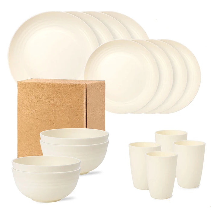 4 / 16 Piece White Plastic Tableware Set Plates Bowls Cups Fruit & Dessert