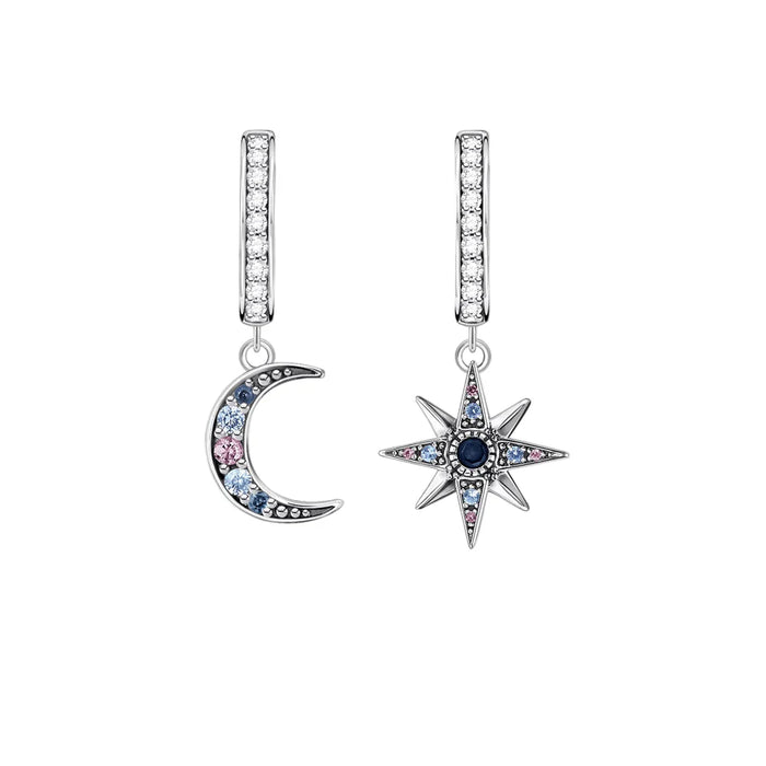 925 Sterling Silver Boho Star & Moon Hinged Hoop Earrings In