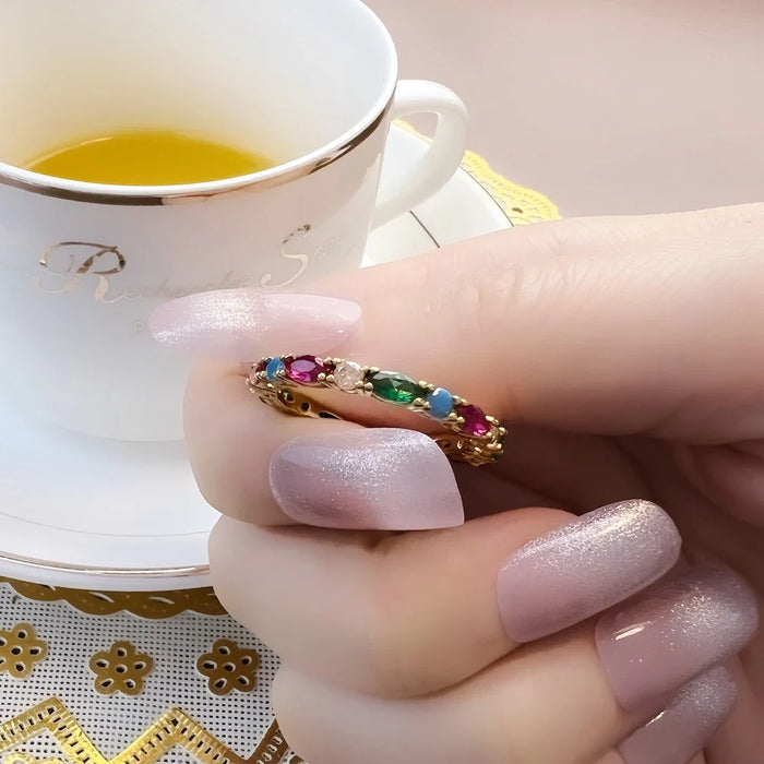 925 Sterling Silver Colourful Stones Ring Europe Style Fine Jewelry For Women Gold Colour